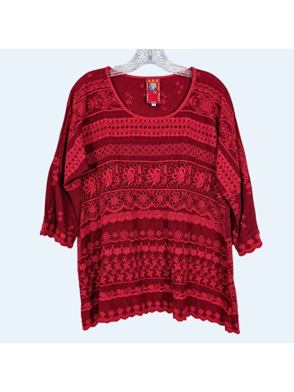 Johnny Was Blouse Womens S Red Embroidered Sheer Lace Tunic 3/4 Sleeve Boho